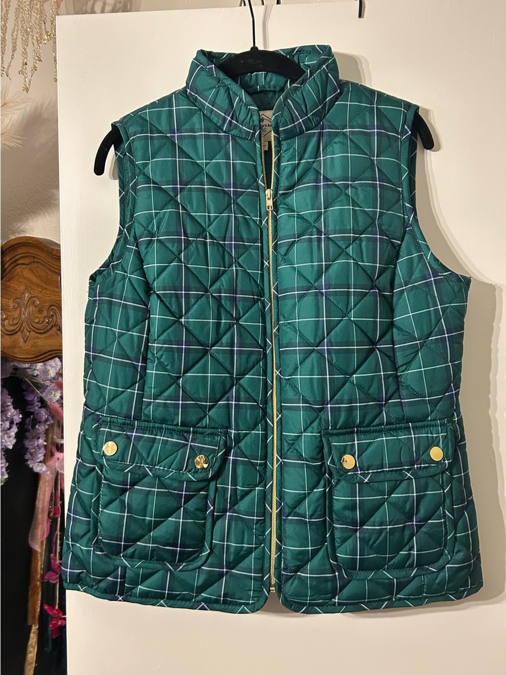 St. John's Bay Green Plaid Quilted Sleeveless Vest